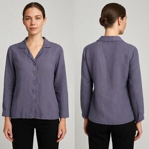 Vintage FLAX by Jeanne Engelhart 100% Linen Button Front Shirt Small Purple Blue